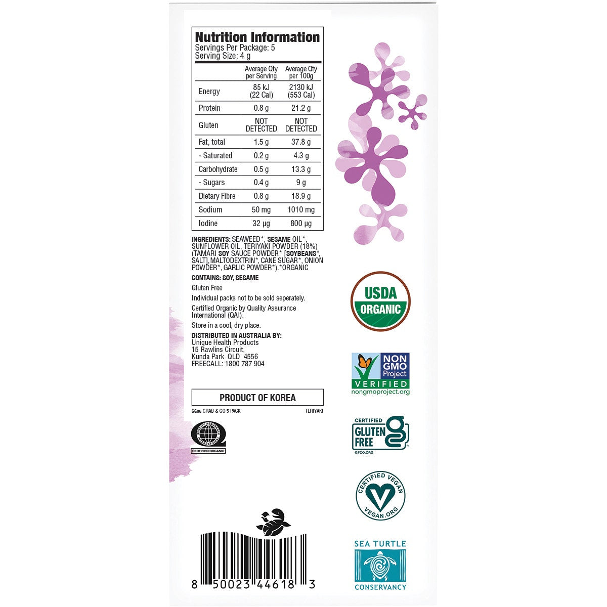 GimMe Roasted Seaweed Snacks Grab & Go Teriyaki 5x4g