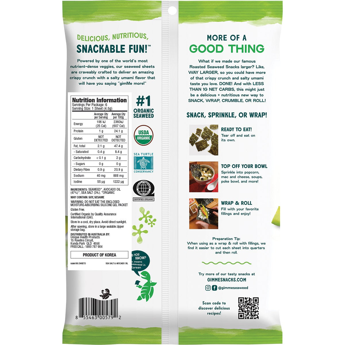 GimMe Roasted Seaweed Big Sheets Sea Salt&Avocado Oil 7 Sheets 26g