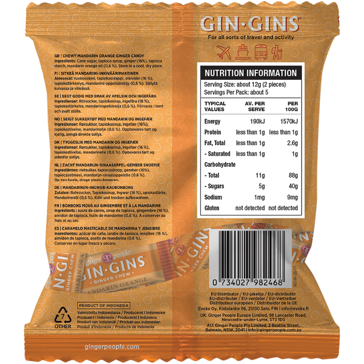 The Ginger People Gin Gins Mandarin Orange Chewy Ginger Candy 60g x 12 Pack