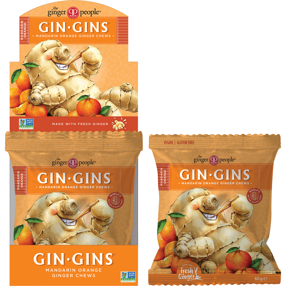 The Ginger People Gin Gins Mandarin Orange Chewy Ginger Candy 60g x 12 Pack