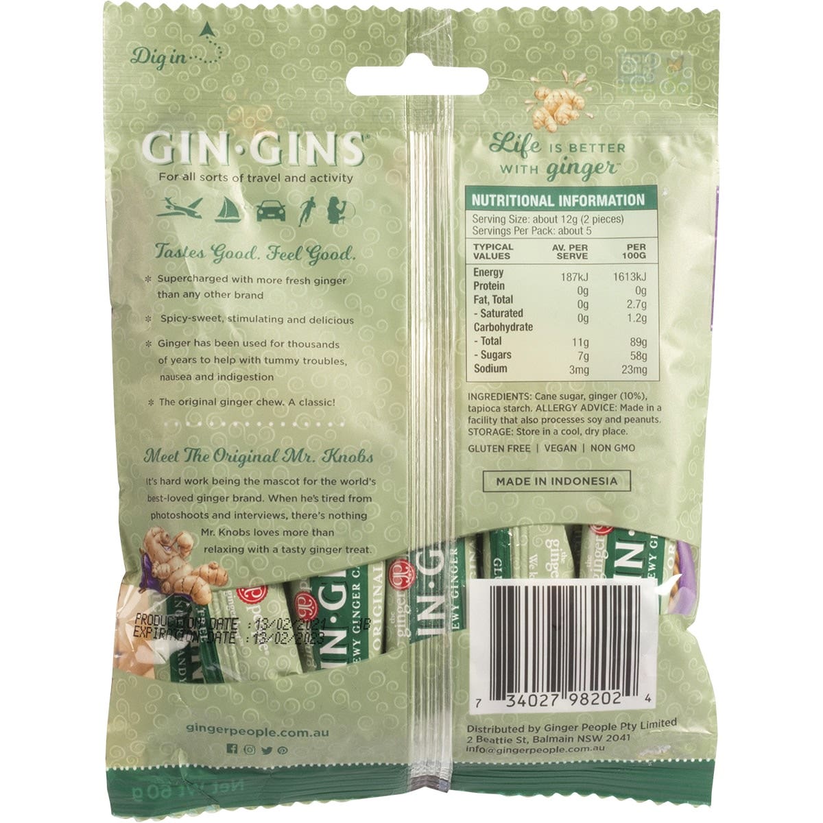 THE GINGER PEOPLE Gin Gins Ginger Candy Bag Chewy Original 12x60g