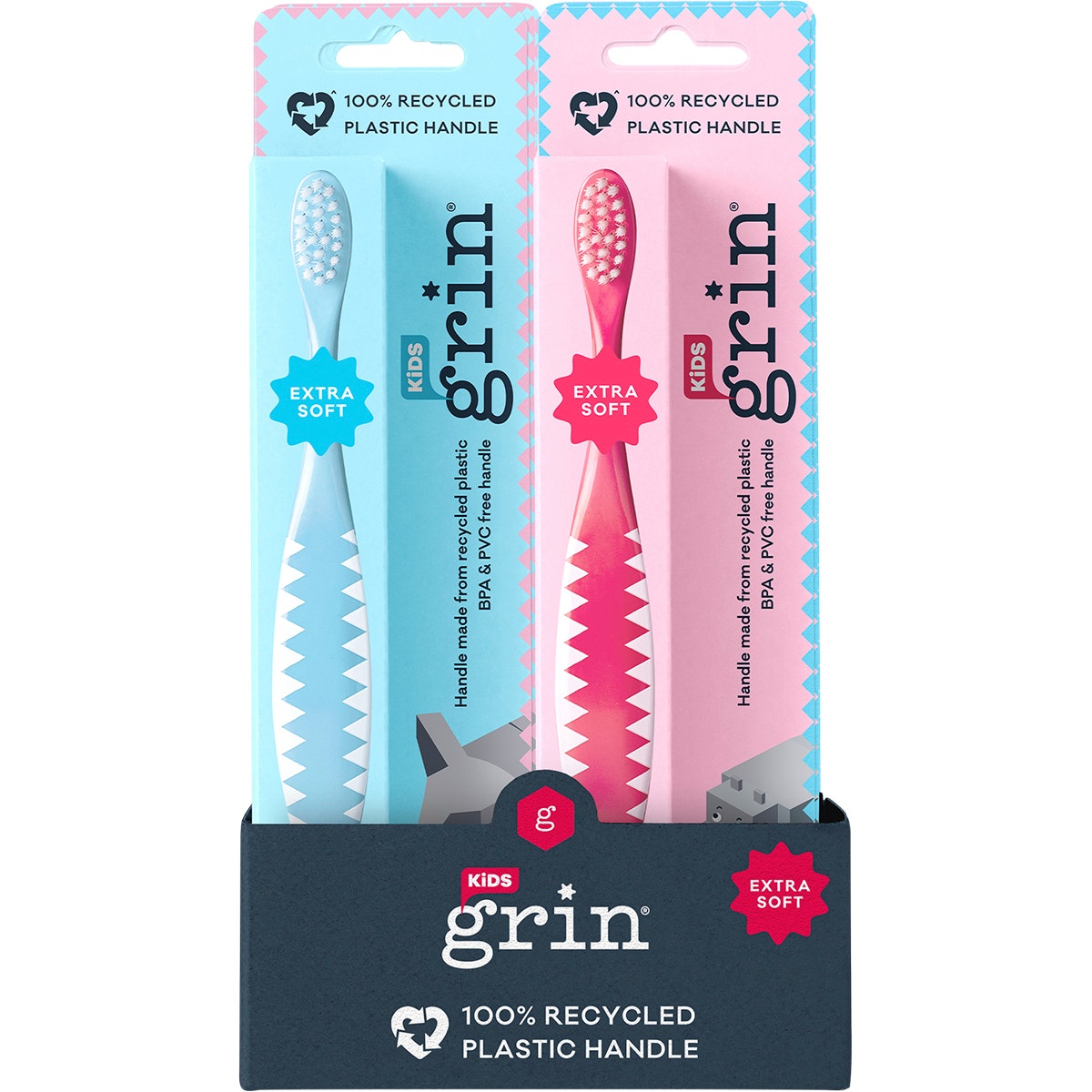 GRIN 100% Recycled Toothbrush Kids Extra Soft Pink, Blue Pack of 8