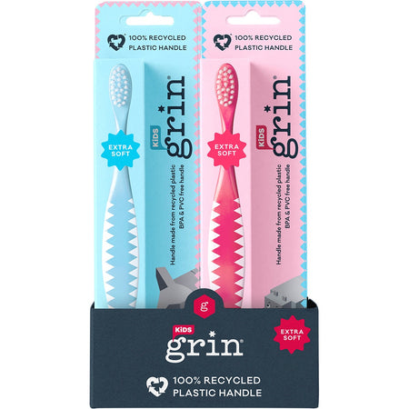 GRIN 100% Recycled Toothbrush Kids Extra Soft Pink, Blue Pack of 8