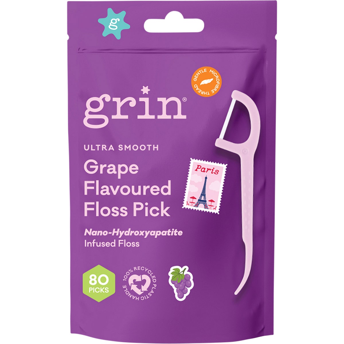 Grin Ultra Smooth Floss Picks Grape Flavoured 80pk