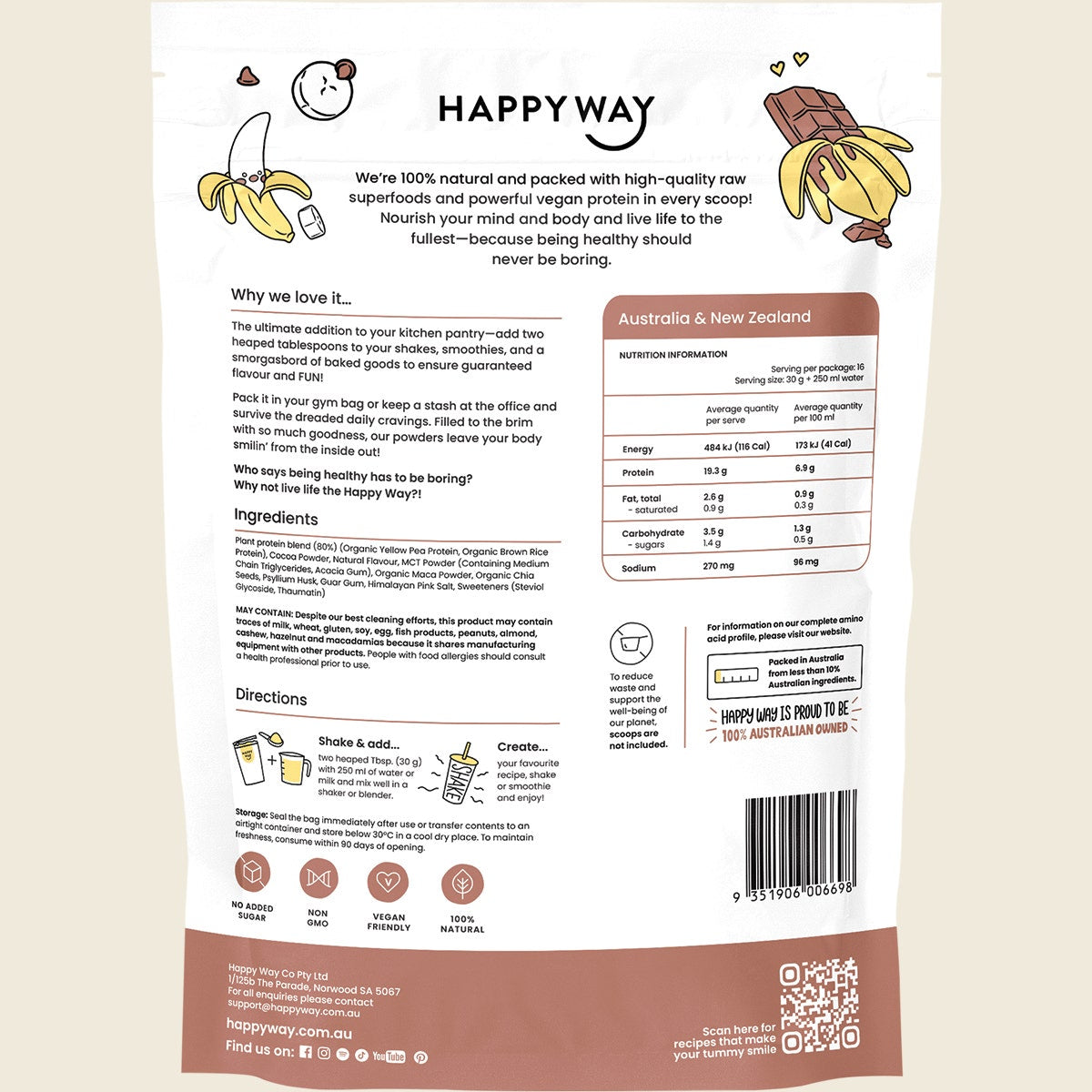 Happy Way Vegan Protein Powder Choc Banana 500g