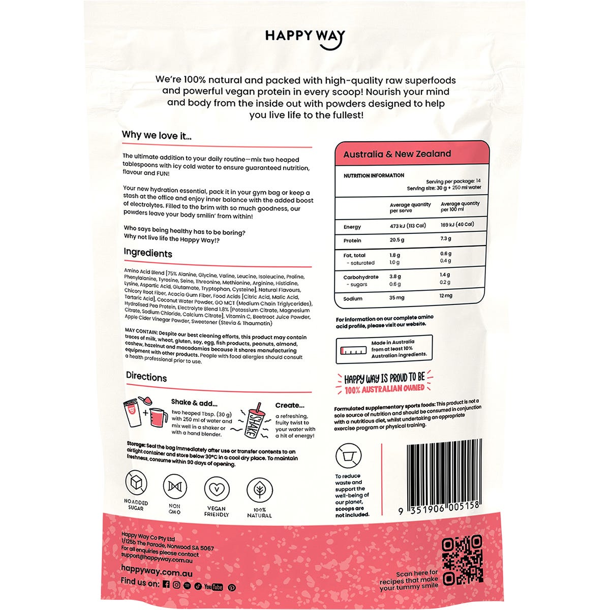 Happy Way Vegan Protein Water Powder Sour Berry 420g