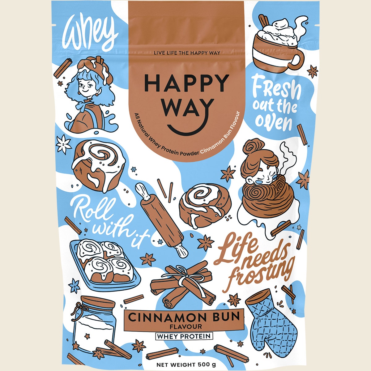Happy Way Whey Protein Powder Cinnamon Bun 500g