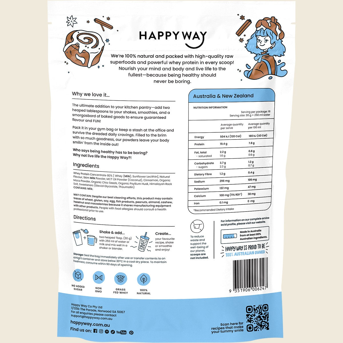 Happy Way Whey Protein Powder Cinnamon Bun 500g