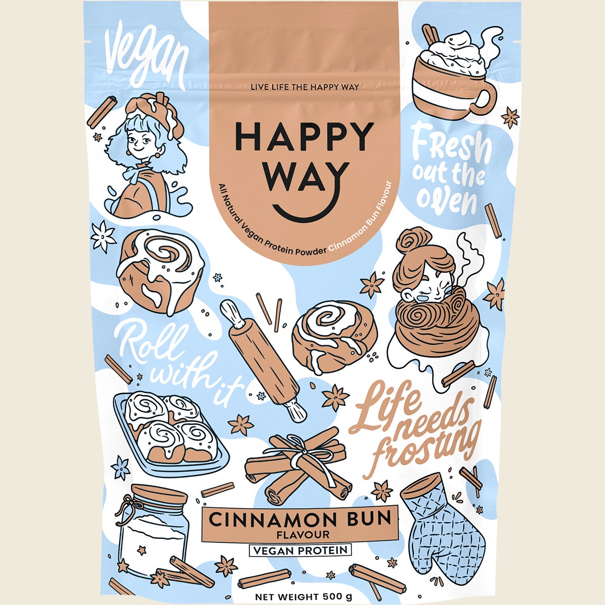 Happy Way Vegan Protein Powder Cinnamon Bun 500g