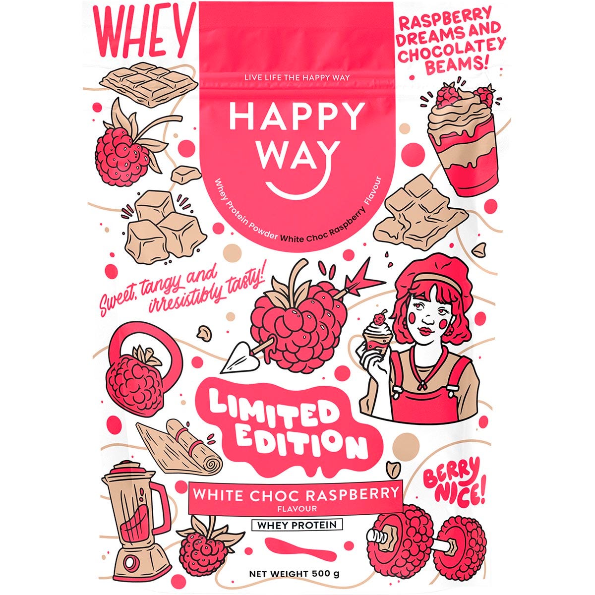 Happy Way Whey Protein Powder White Choc Raspberry 500g