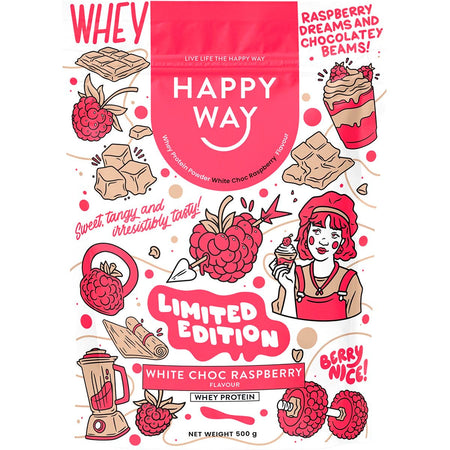 Happy Way Whey Protein Powder White Choc Raspberry 500g
