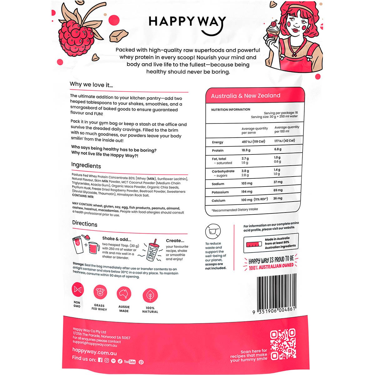 Happy Way Whey Protein Powder White Choc Raspberry 500g