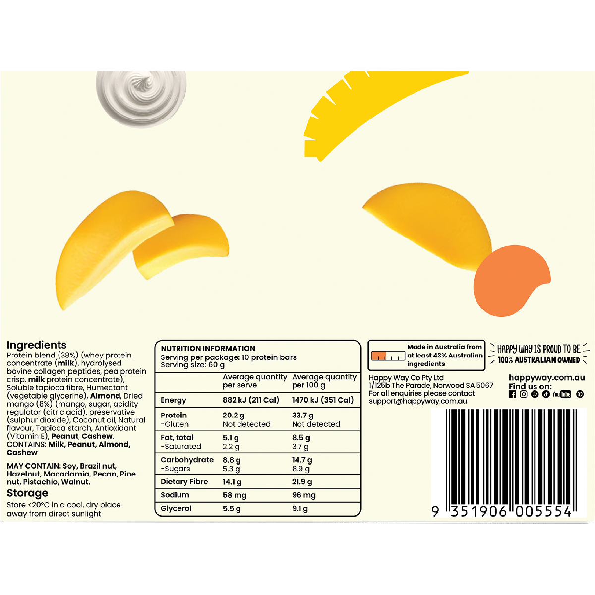 Happy Way Whey Protein Bar Mango Cream 60g x 10 Pack
