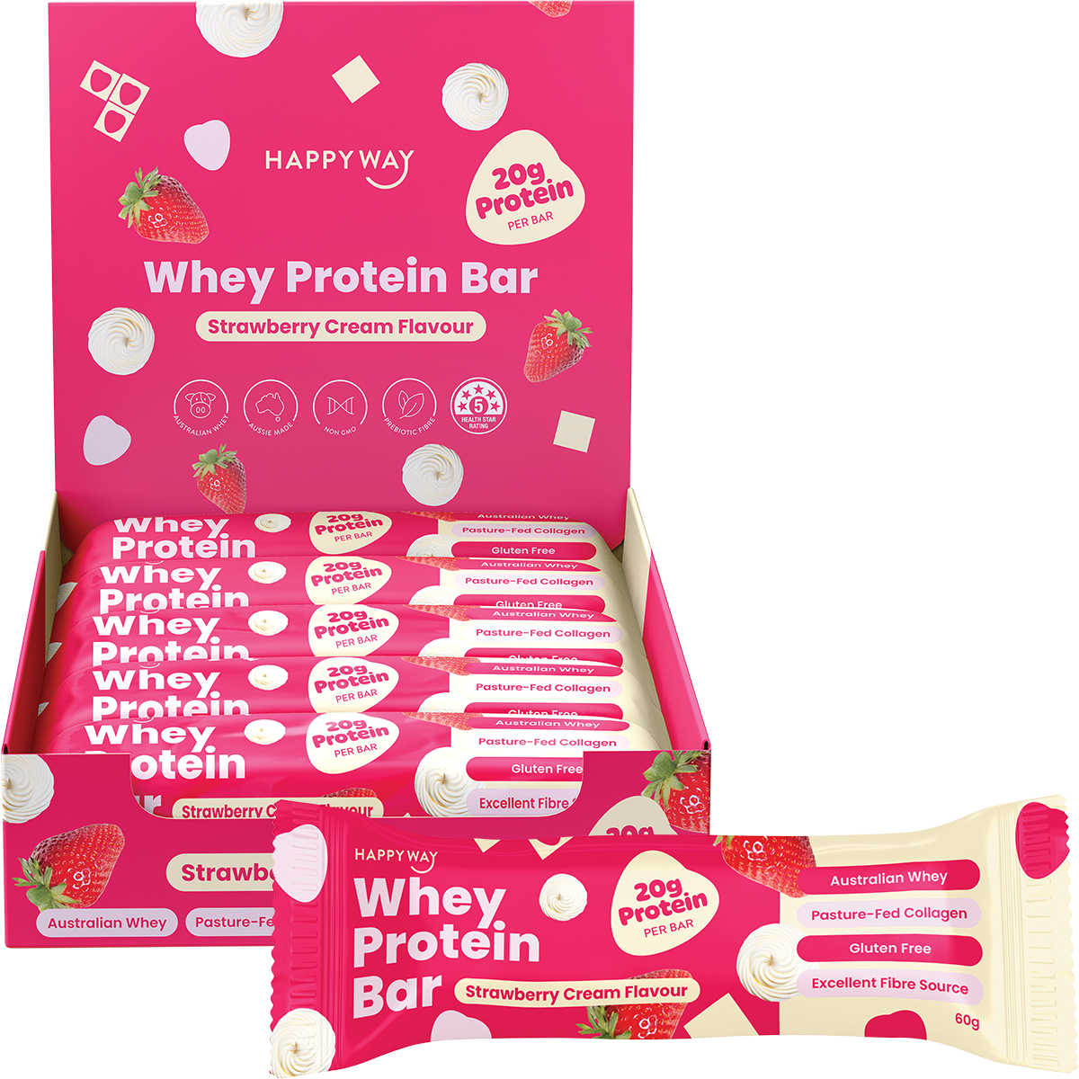 Happy Way Whey Protein Bar Strawberry Cream 60g x 10 Pack