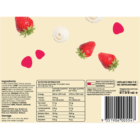 Happy Way Whey Protein Bar Strawberry Cream 60g x 10 Pack