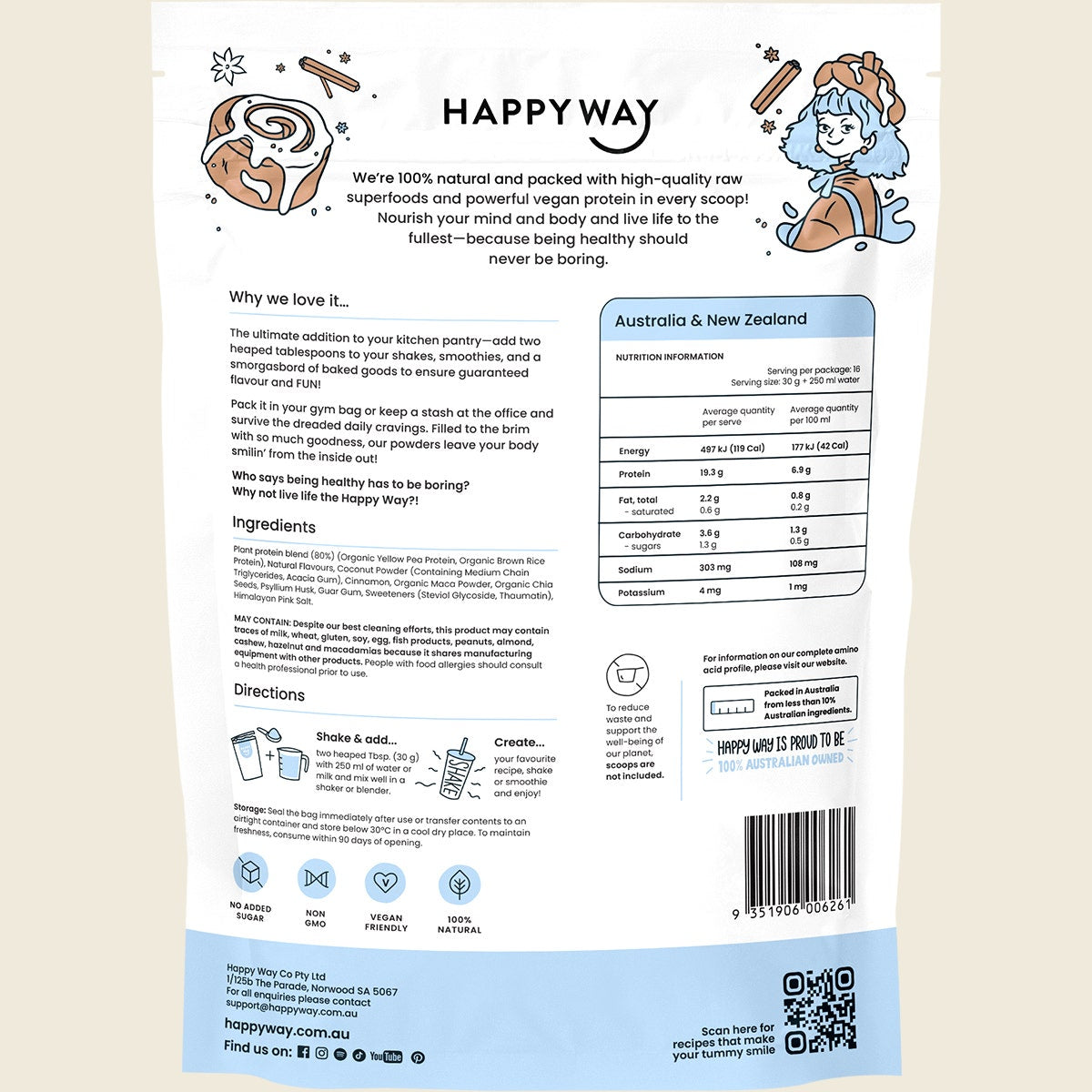 Happy Way Vegan Protein Powder Cinnamon Bun 500g