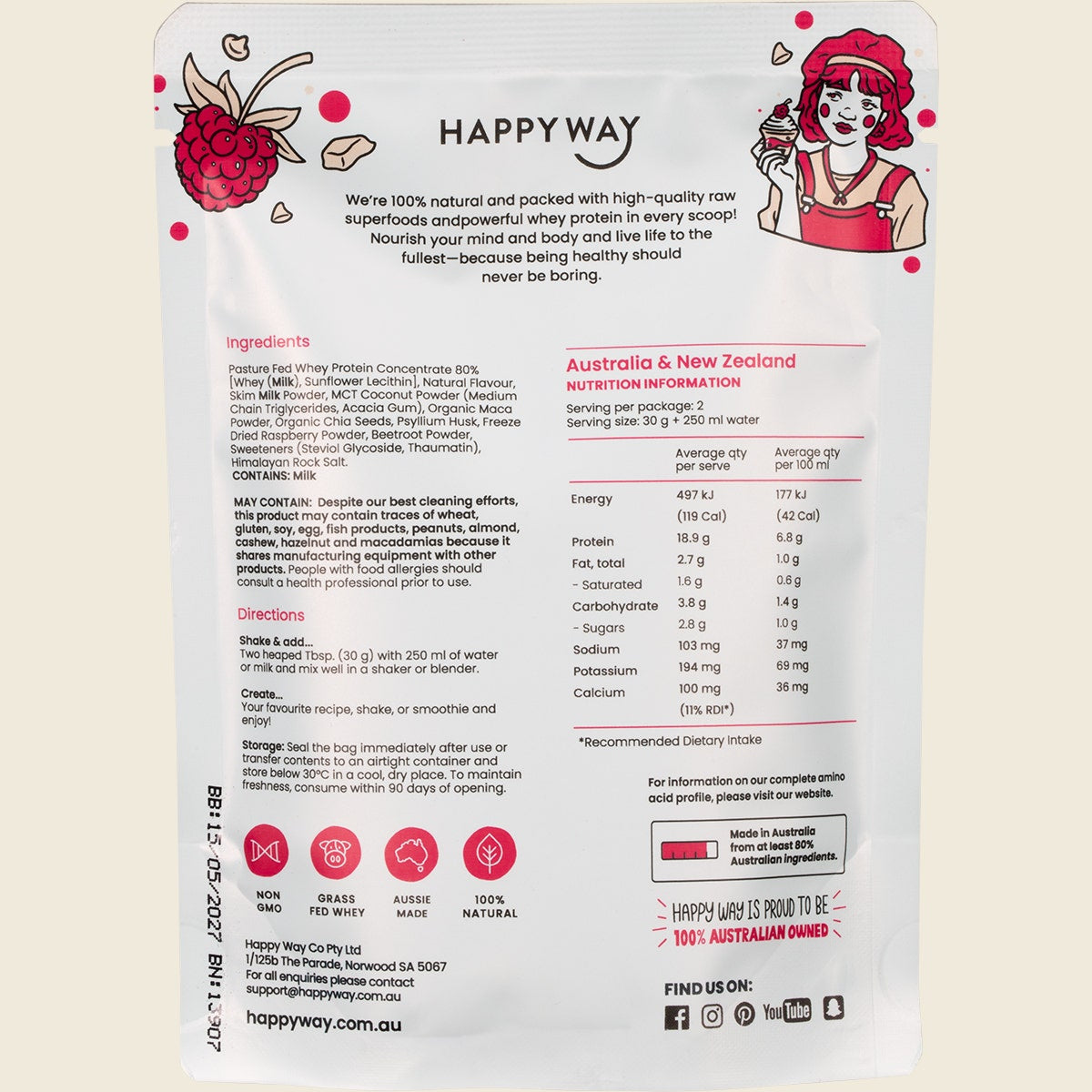 Happy Way Whey Protein Powder White Chocolate Raspberry 6x60g