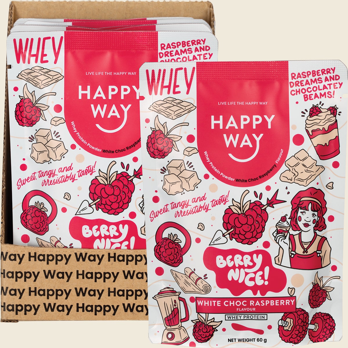 Happy Way Whey Protein Powder White Chocolate Raspberry 6x60g