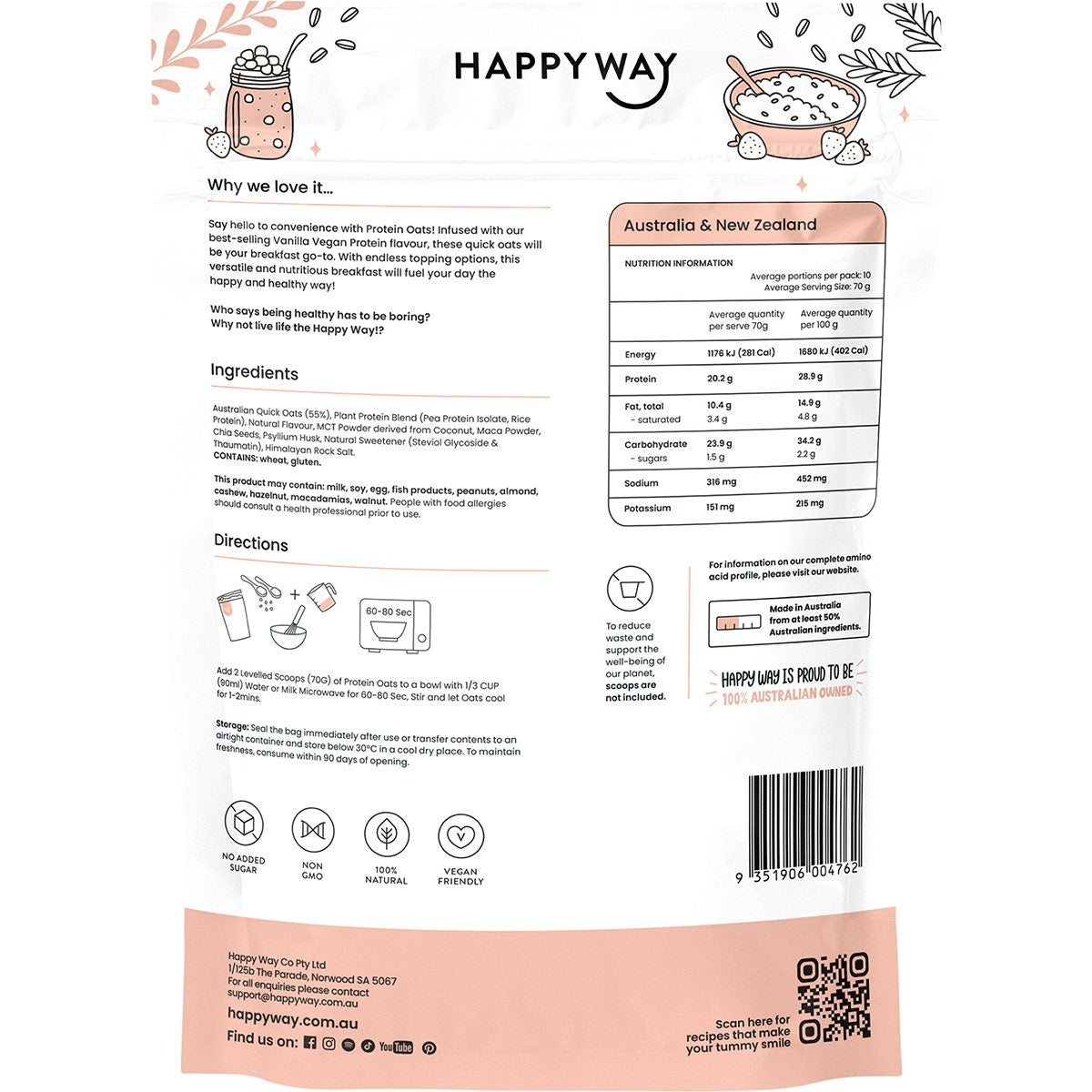 Happy Way Vegan Protein Quick Oats Vanilla 700g