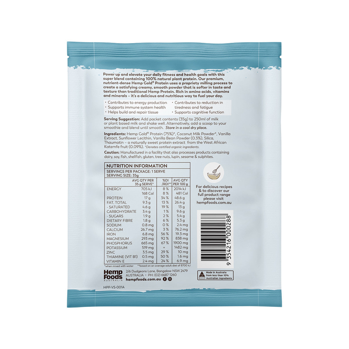 Hemp Foods Australia Organic Hemp Protein Shake Vanilla Bean Sachet 35g Pack of 7