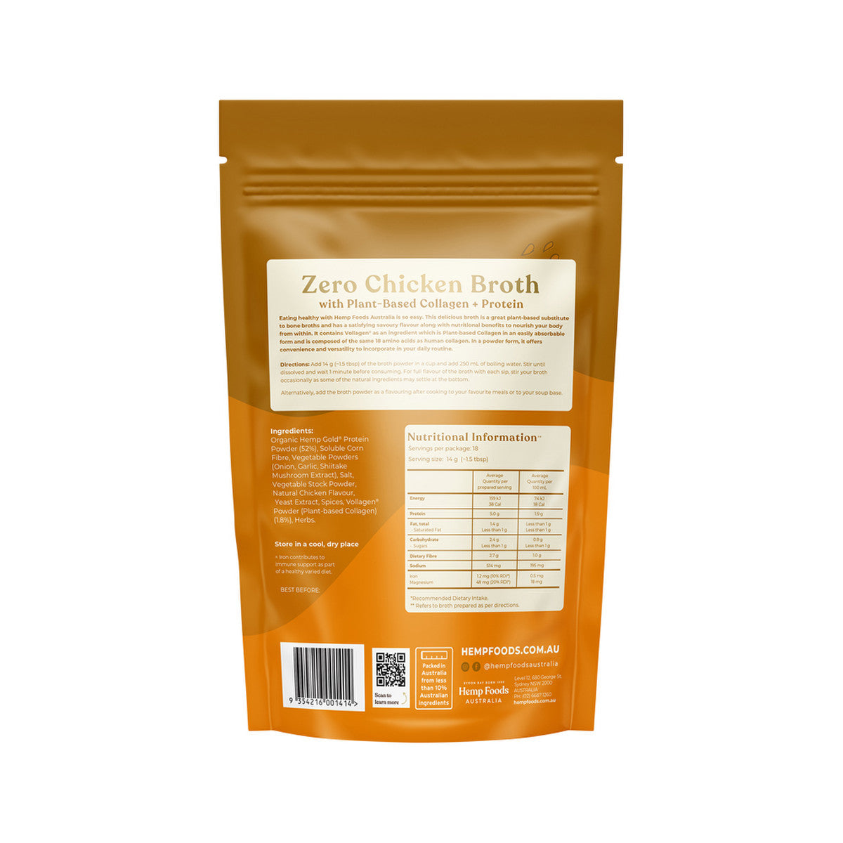 Hemp Foods Australia Broth Zero Chicken Vegan Immunity Support With Plant-Based Collagen + Protein 252g