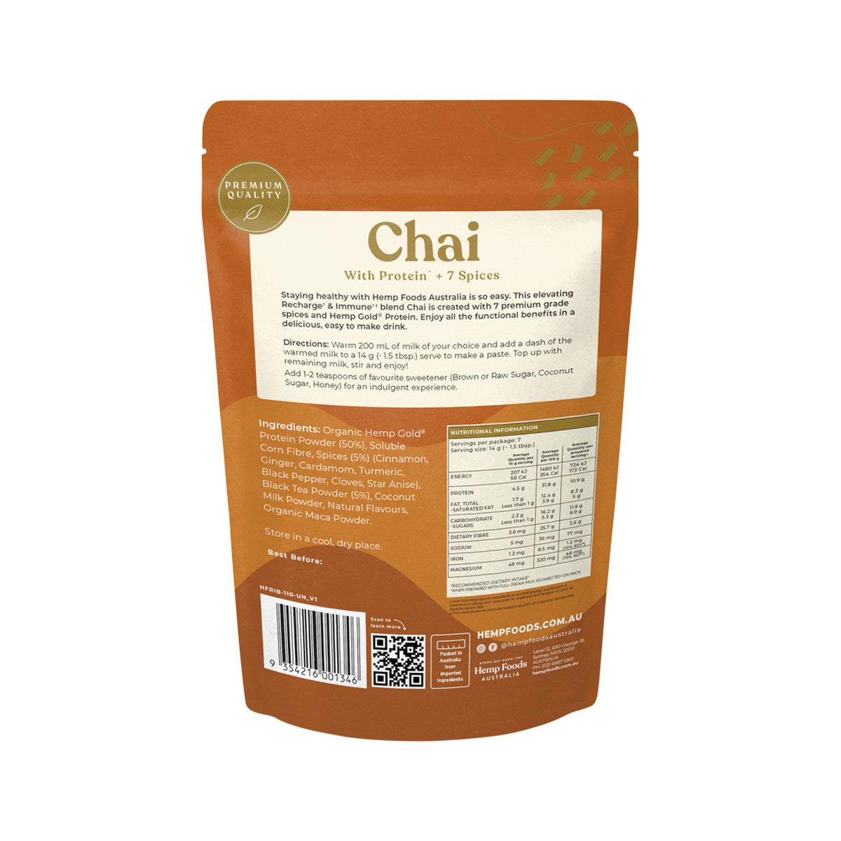 Hemp Foods Australia Chai Recharge + Immune With Protein + 7 Spices 100g