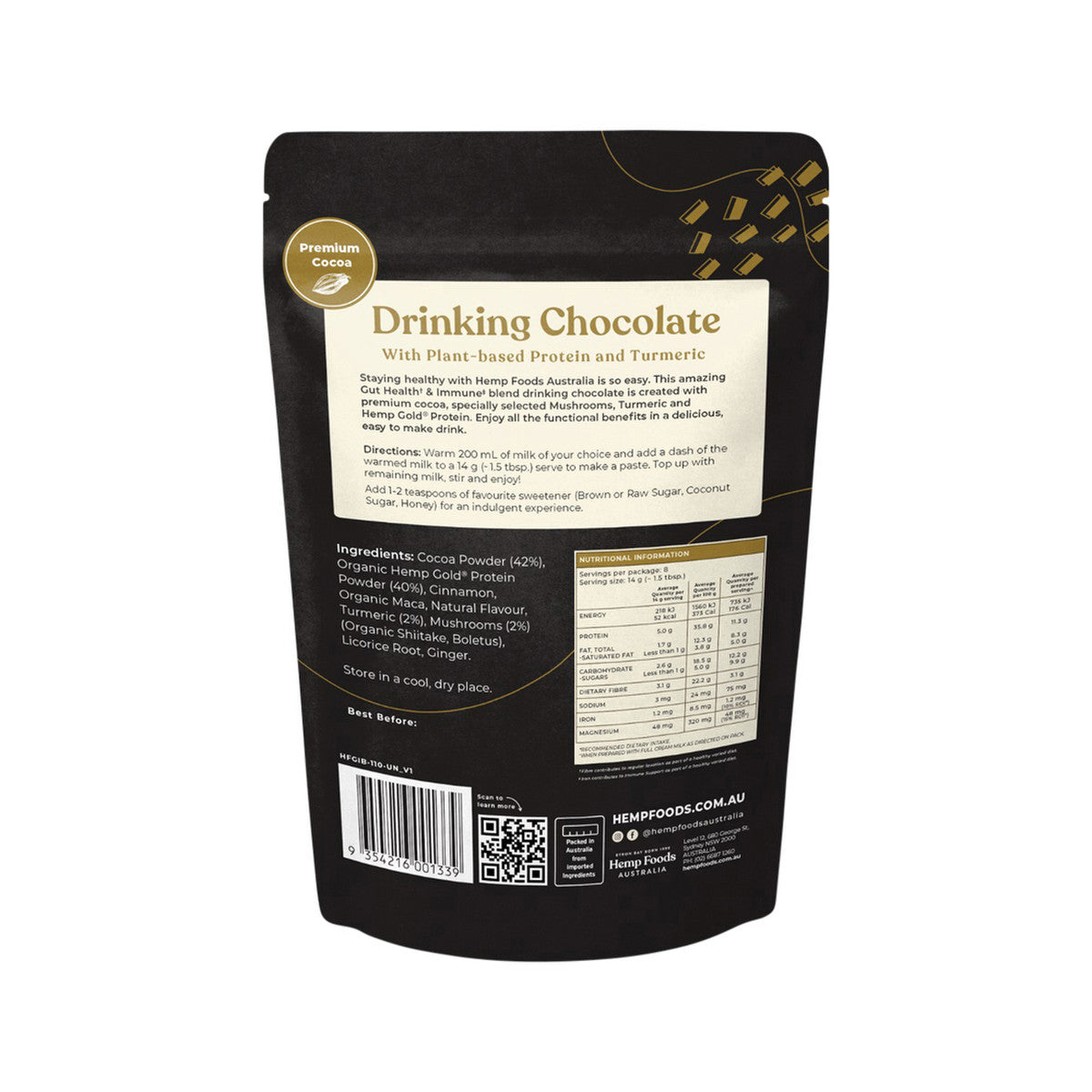 Hemp Foods Australia Drinking Chocolate Gut Health + Immune With Plant-Based Protein + Turmeric 112g