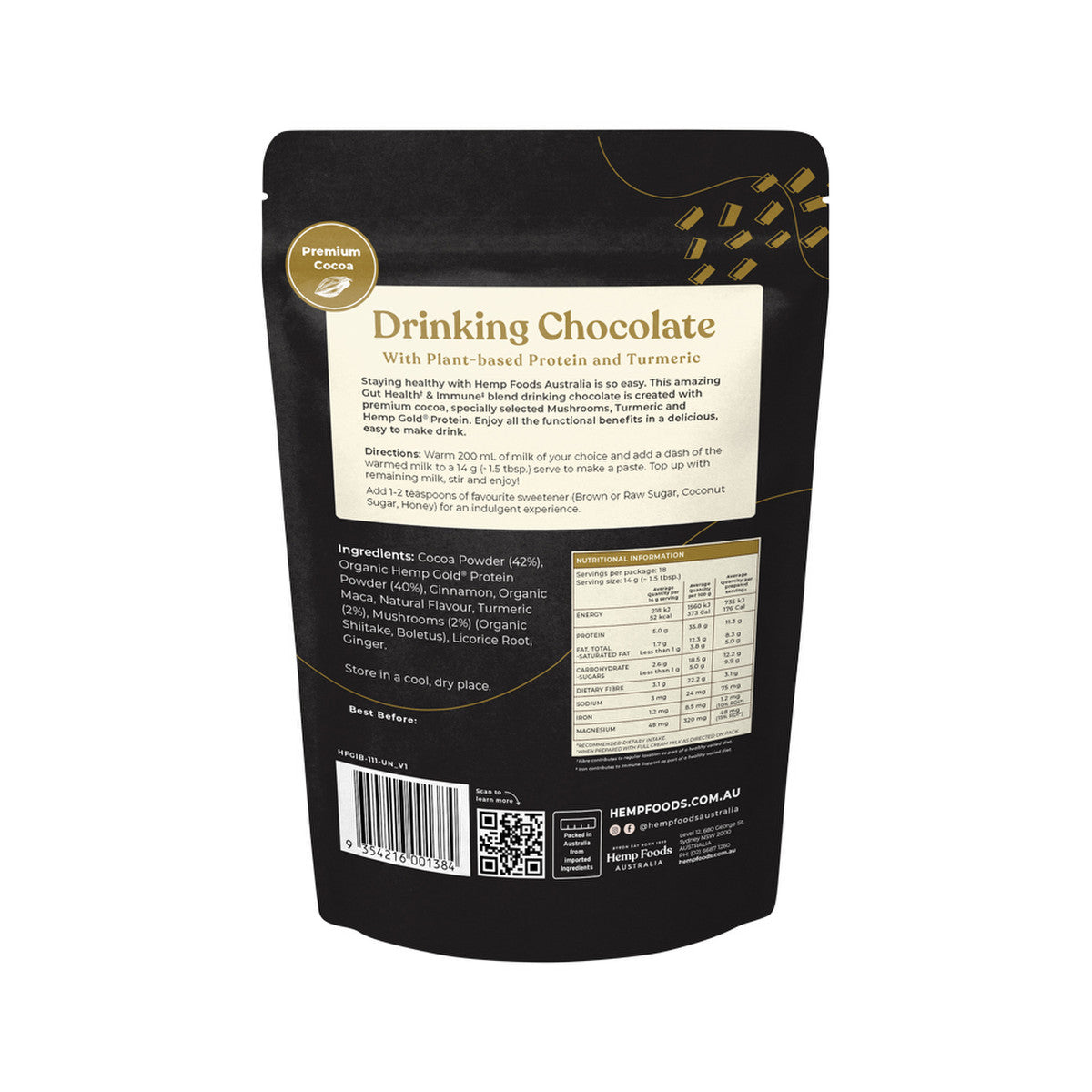 Hemp Foods Australia Drinking Chocolate Gut Health + Immune With Plant-Based Protein + Turmeric 252g