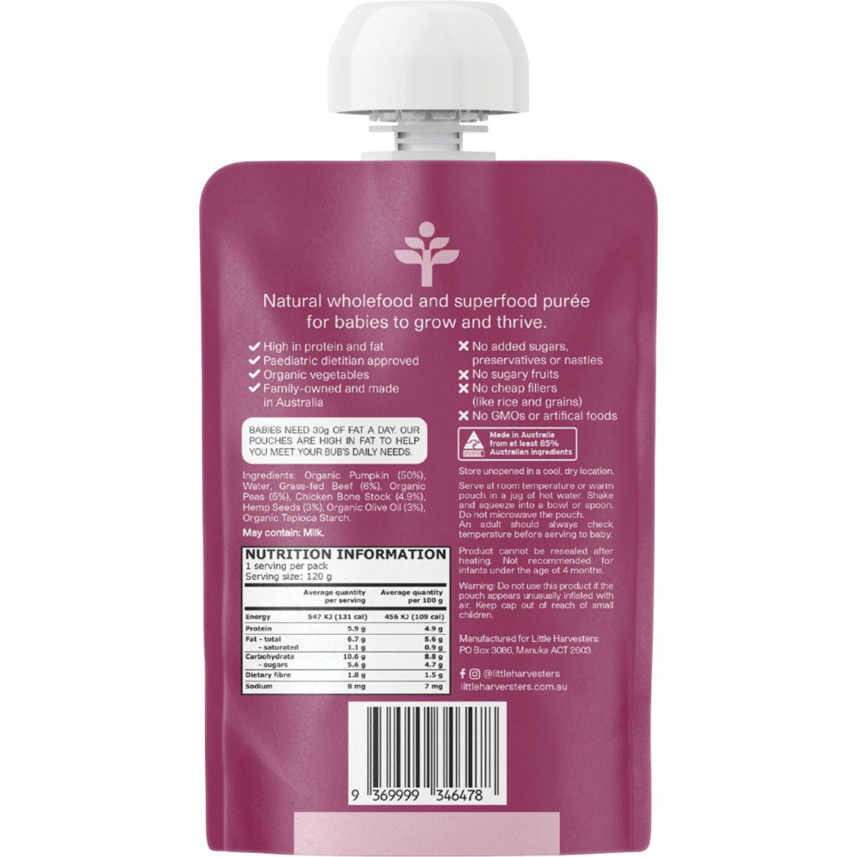 Little Harvesters Grass-fed Beef, Peas, Pumpkin,Hemp Seeds & Bone Broth 6x120g