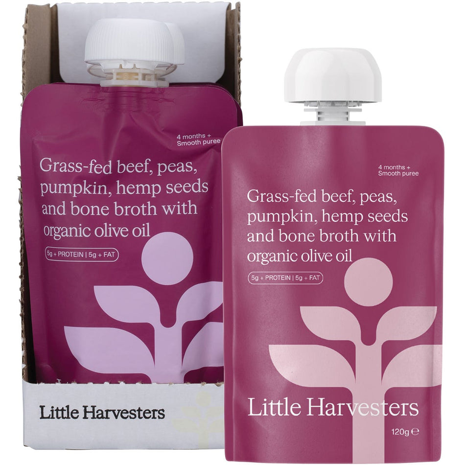Little Harvesters Grass-fed Beef, Peas, Pumpkin,Hemp Seeds & Bone Broth 6x120g