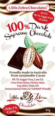Little Zebra Chocolates 100% Dark Supreme Chocolate 85g (Pack of 12)