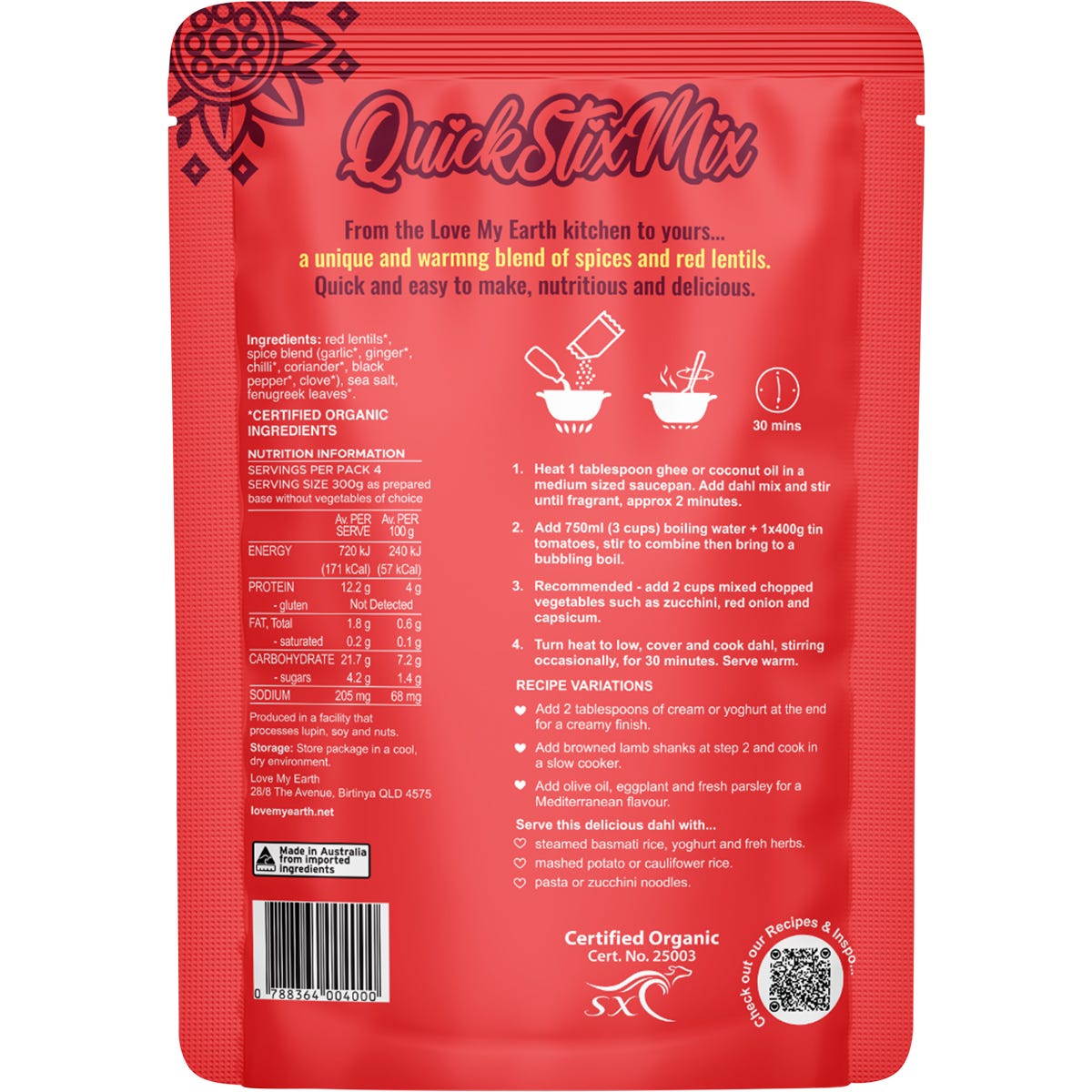 Love My Earth Quick Stix Mix Organic Dahl Bombay Tomato 200g