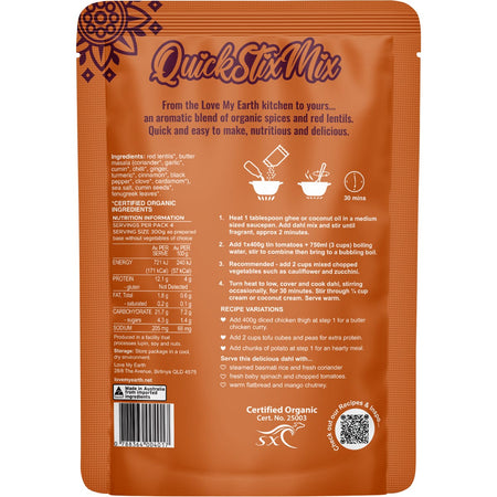 Love My Earth Quick Stix Mix Organic Dahl Butter Masala 200g