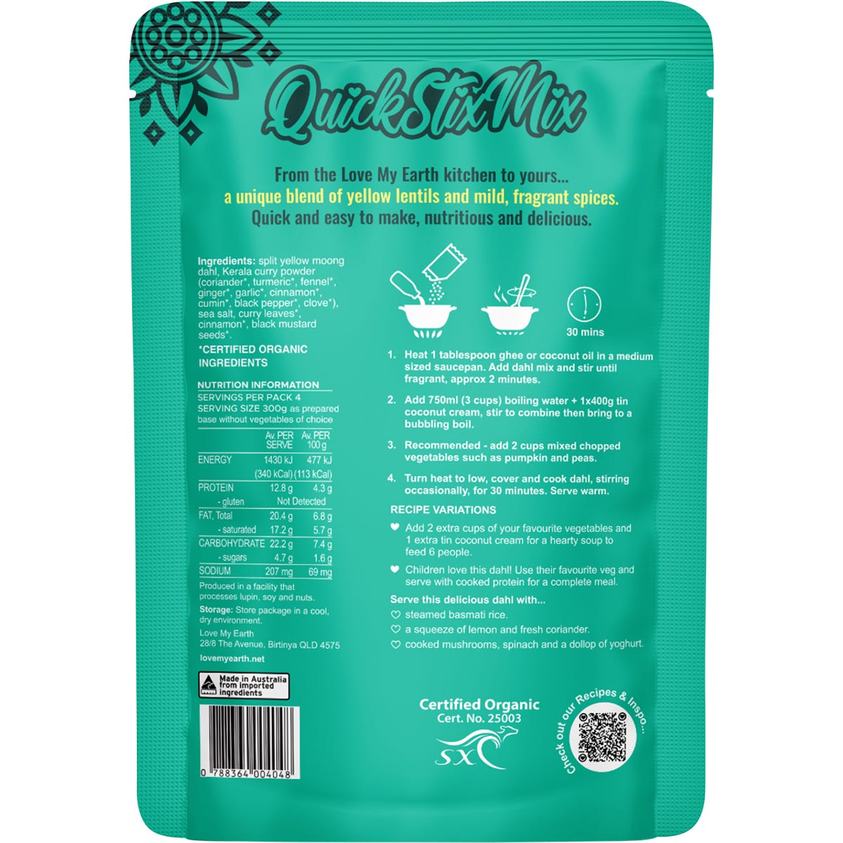 Love My Earth Quick Stix Mix Organic Dahl Creamy Coconut 200g