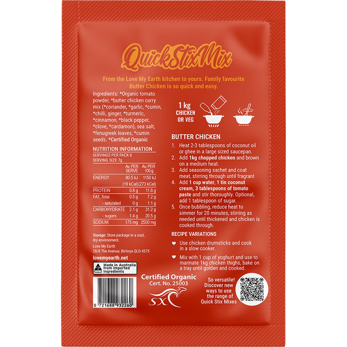 Love My Earth Quick Stix Mix Organic Recipe Base Butter Chicken 10x45g