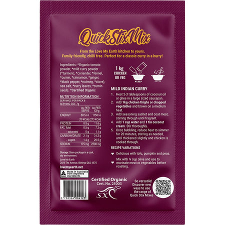Love My Earth Quick Stix Mix Organic Recipe Base Mild Indian Curry 10x45g