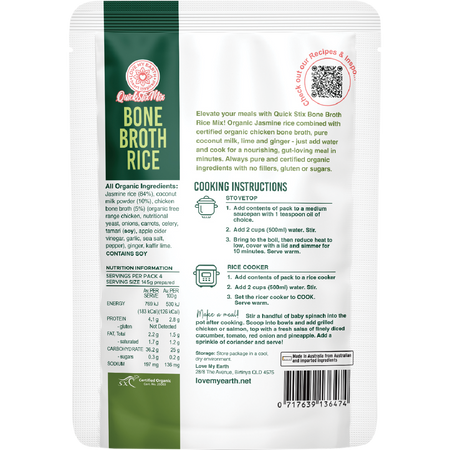 Love My Earth Quick Stix Mix Organic Bone Broth Rice Coco Lime Ginger 200g