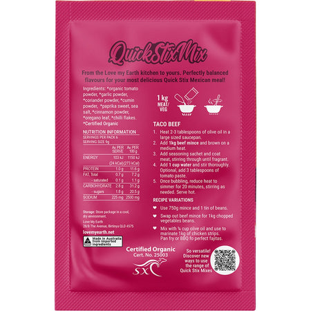 Love My Earth Quick Stix Mix Organic Recipe Base Taco 10x55g