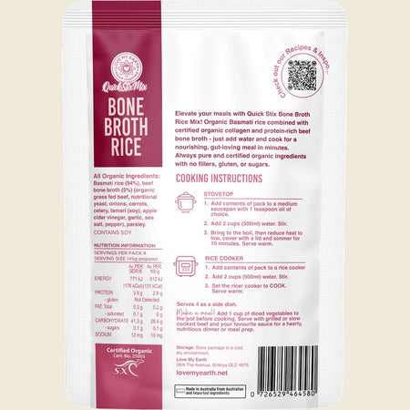 Love My Earth Quick Stix Mix Organic Bone Broth Rice Beef 200g