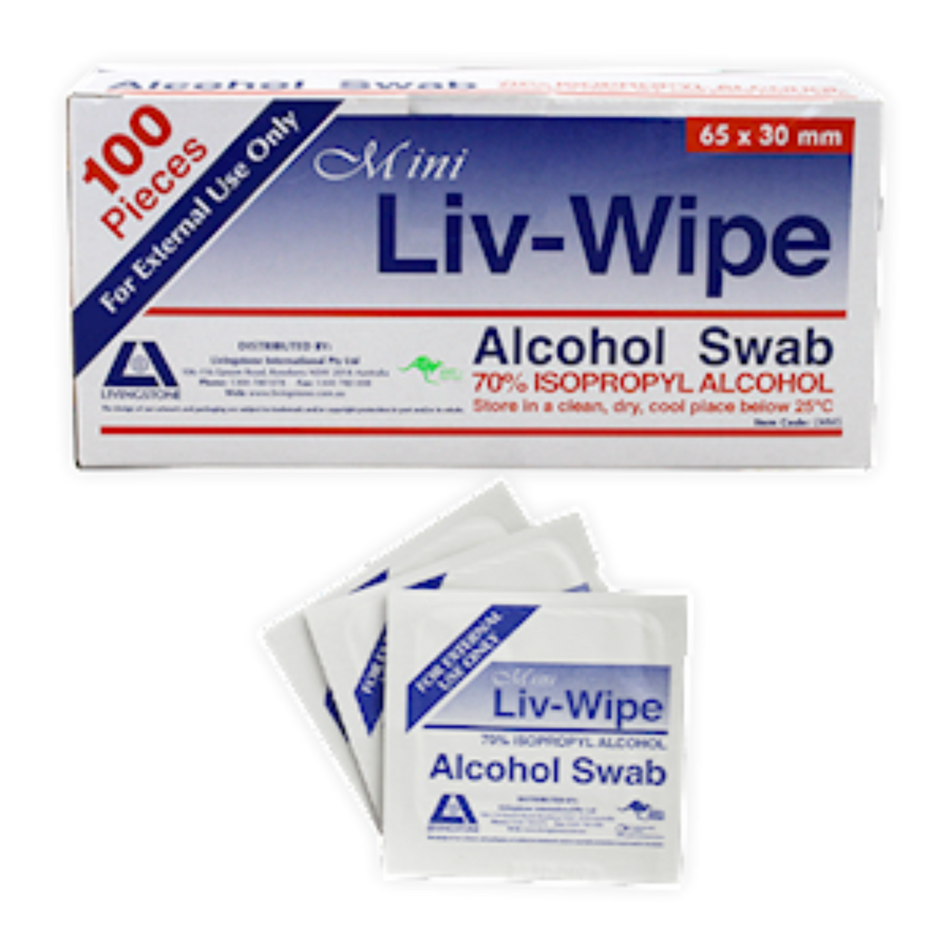 Liv-Wipe Alcohol Wipes Mini Alcohol Swabs (65 x 30mm) x 100 Sheets Box