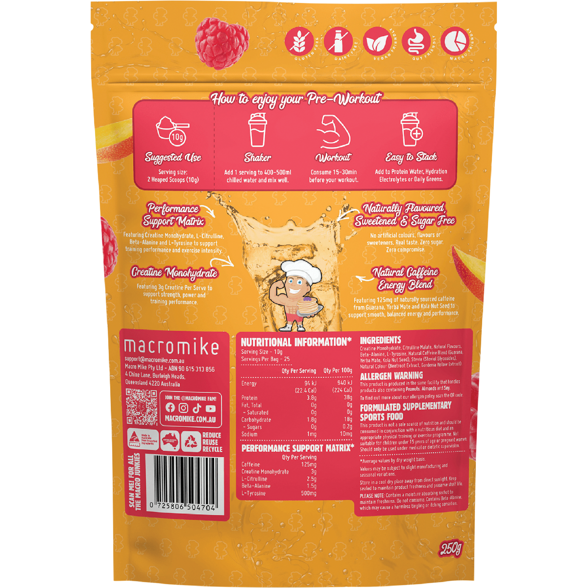 Macro Mike Pre-Workout Raspberry Mango Tango 250g