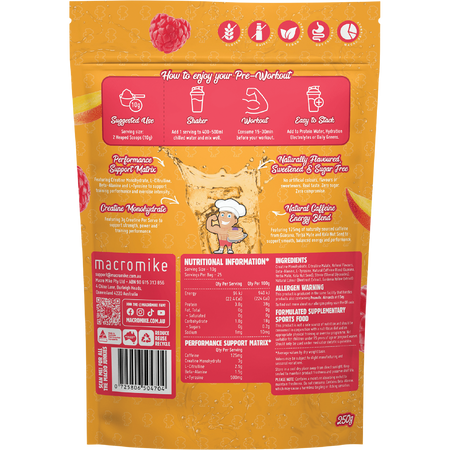 Macro Mike Pre-Workout Raspberry Mango Tango 250g