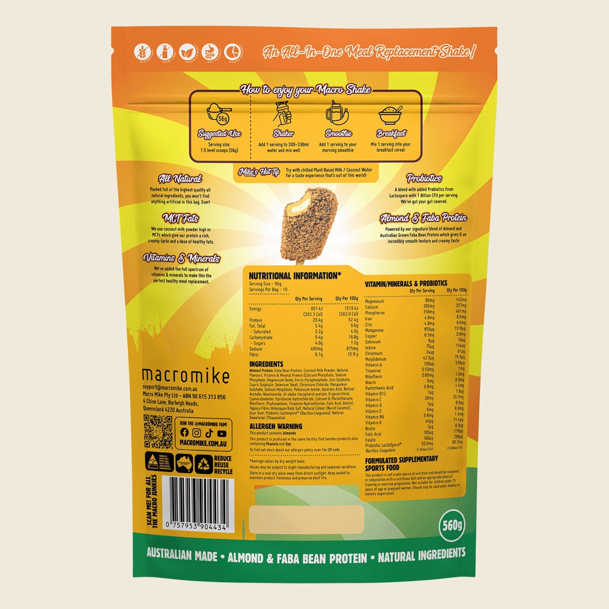 Macro Mike Almond Macro Shake Meal Replacement Golden Gaytime Inspired 560g