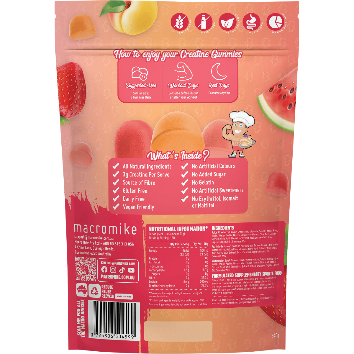 Macro Mike Creatine Gummies Triple Flavour Burst 180 Pack