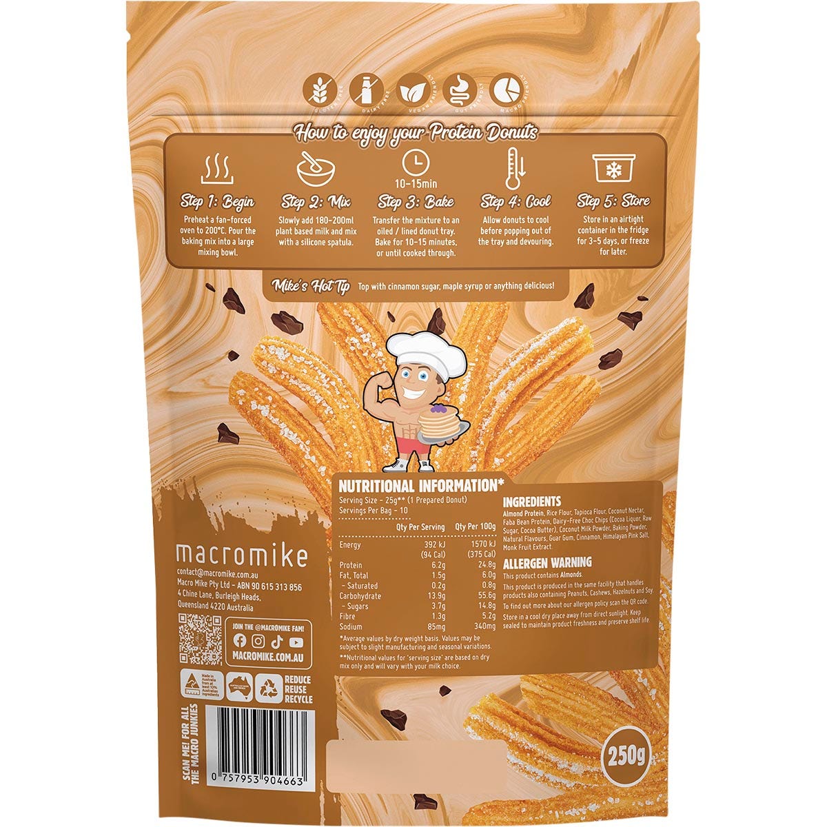 Macro Mike Protein Donut Baking Mix Choc Chip Cinnamon Churros 250g
