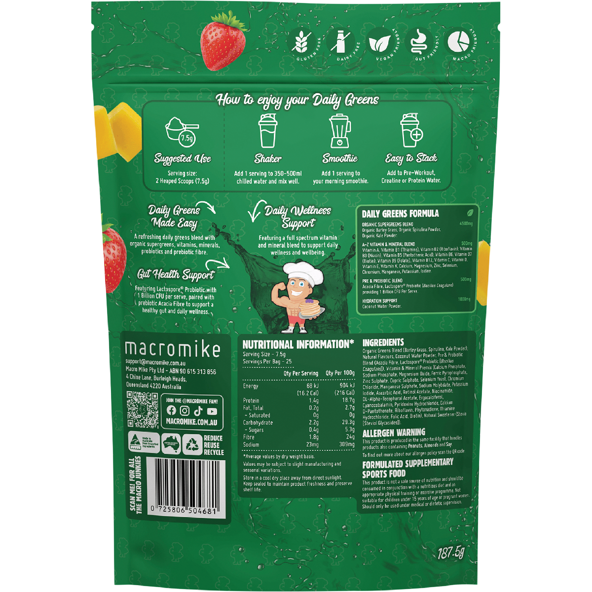 Macro Mike Daily Greens Strawberry Mango Burst 187.5g
