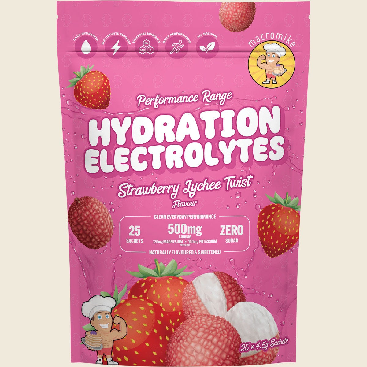 Macro Mike Hydration Electrolytes Sachets Strawberry Lychee 25x4.5g