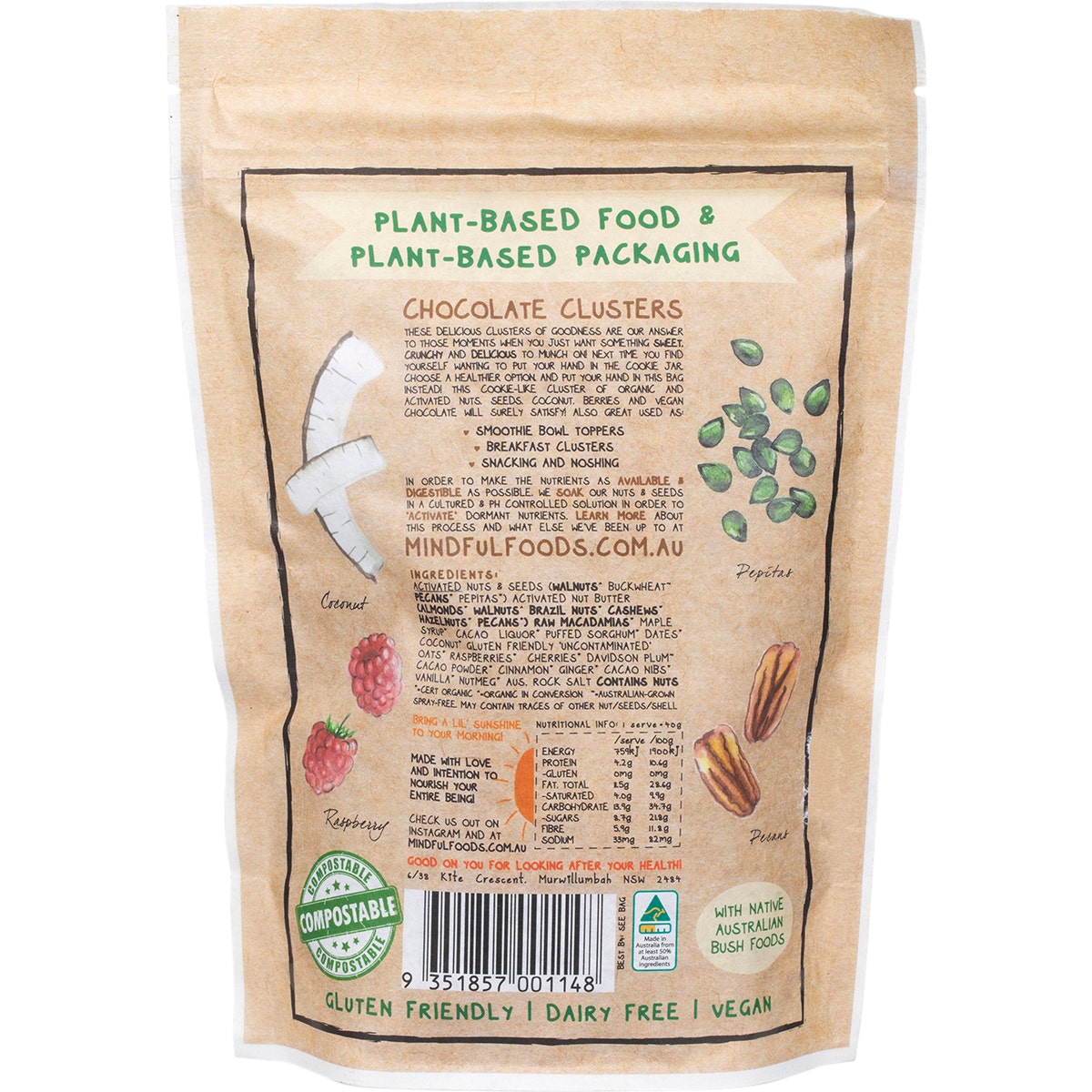 MINDFUL FOODS Chocolate Clusters Davidson Plum Organic & Activated 200g