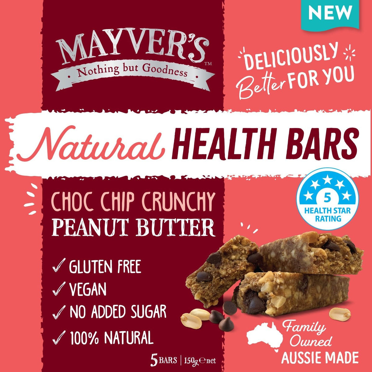Mayver's Natural Health Bars-Choco Chip 150g Pack of 6