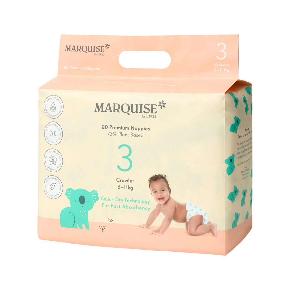 Marquise Premium Nappies 73% Plant Based Crawler Size 3 6-11kg x 20 Pack